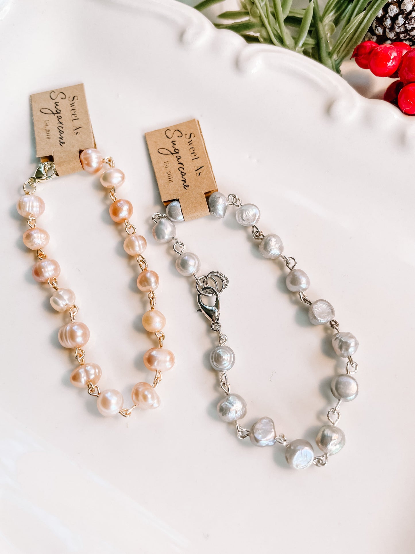 Pink pearls holiday bracelet