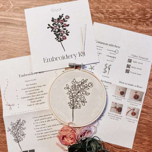 Pink flowers embroidery kit