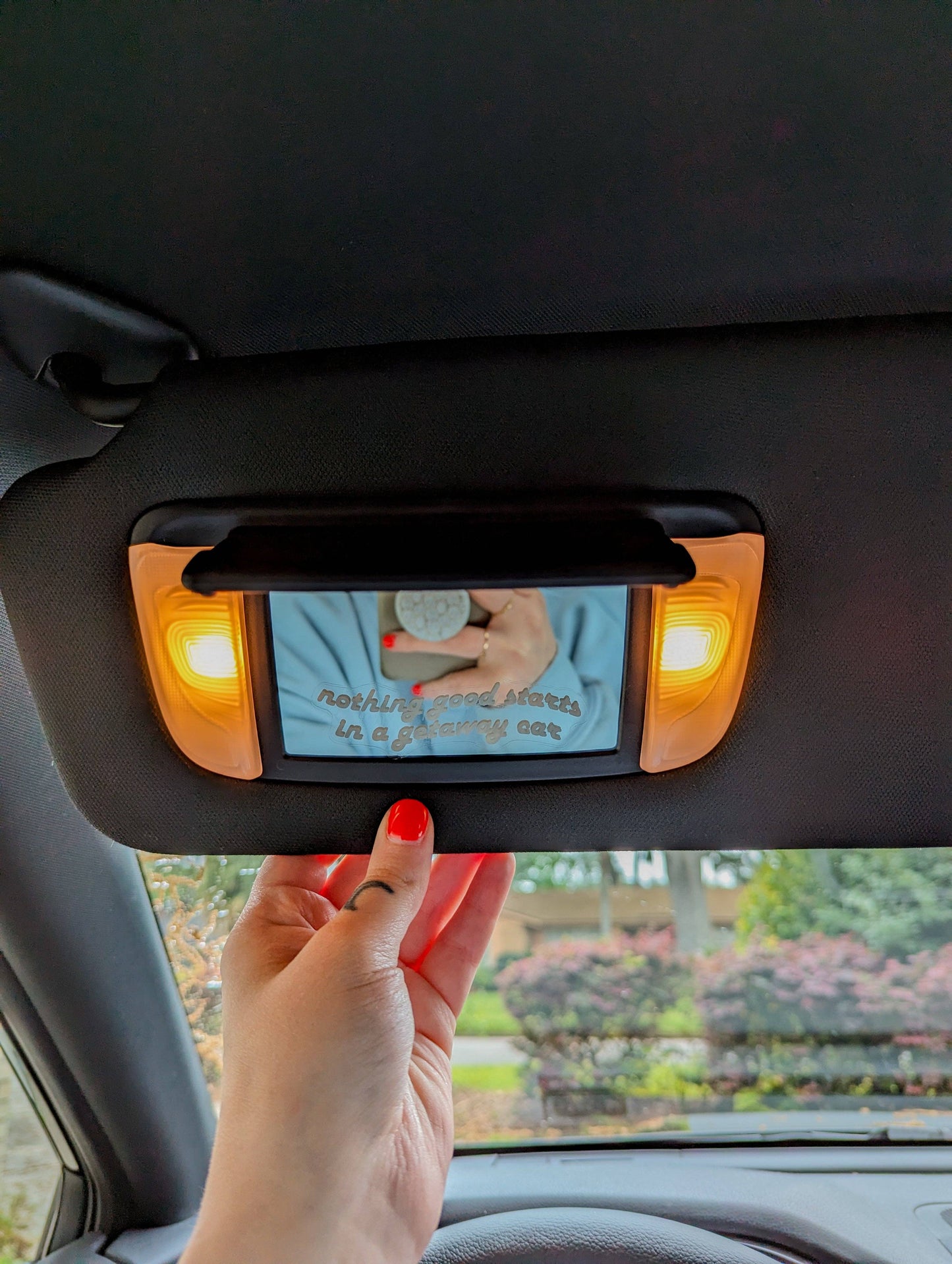 Getaway car mirror decal