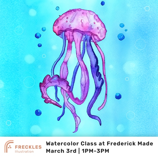 Jellyfish Watercolor Class with Freckles Illustration - March 3