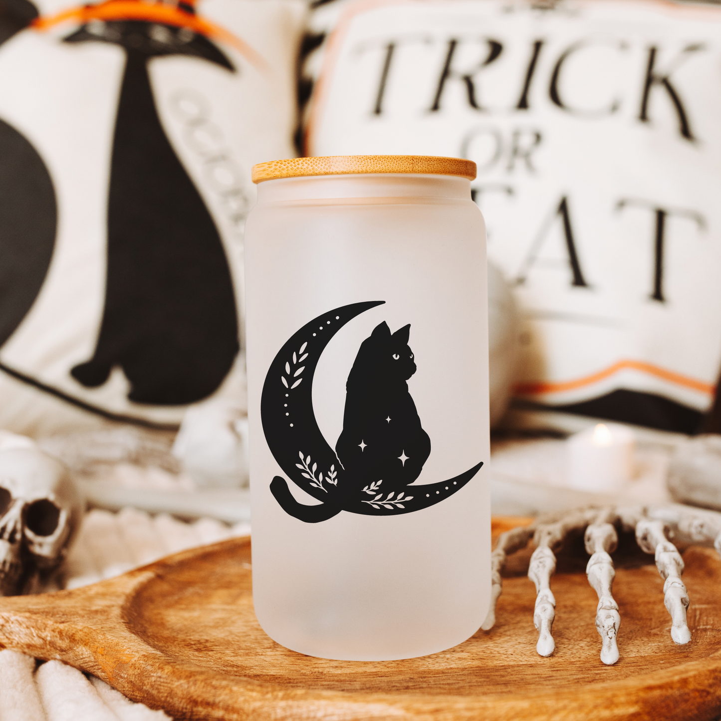 Halloween Moon Black Cat Glass Cup 16oz