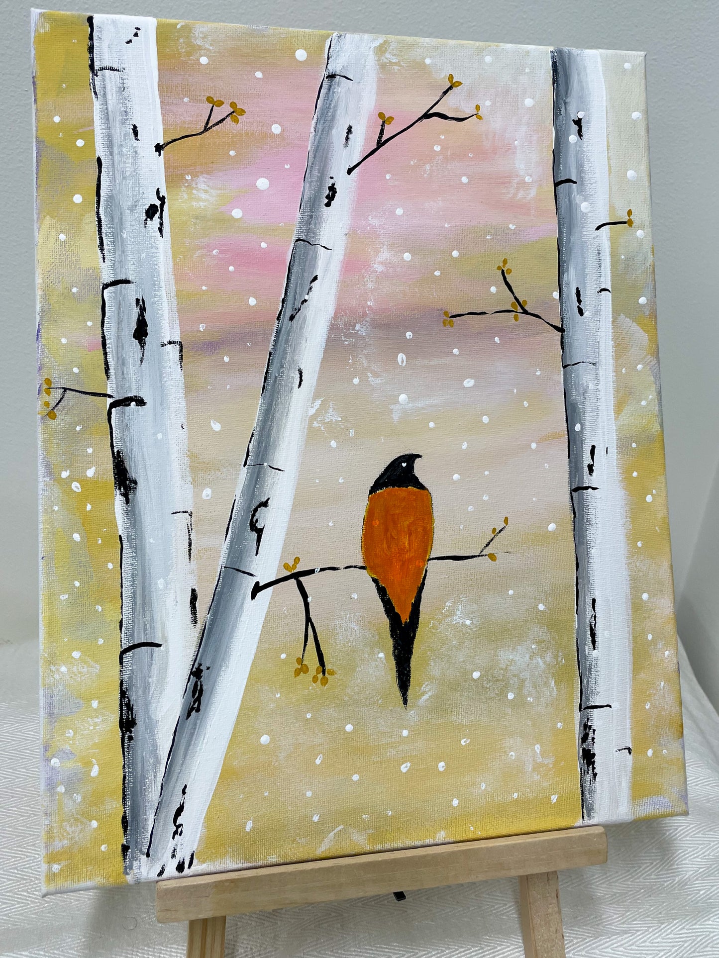 Bird in birch trees painting